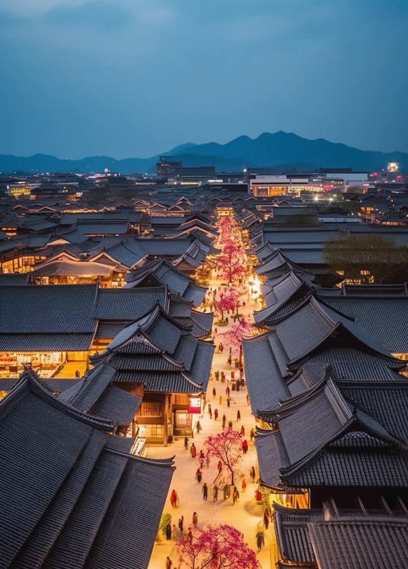 中国山东省青岛市的一座唐代风格的小镇旅游城镇繁华的街道游玩的行人航拍视角实拍图像摄影,高清,摄影图,摄影图片,图片大全,摄影图免费下载